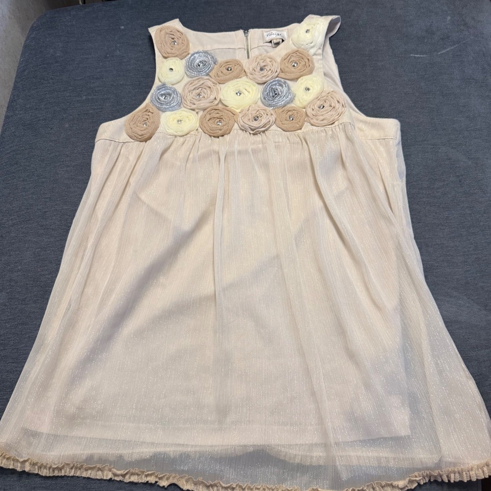 Beige by Eci Shimmer Lurex Pleated Blouse 3D Rosette Rhinestone Sleeveless Top L